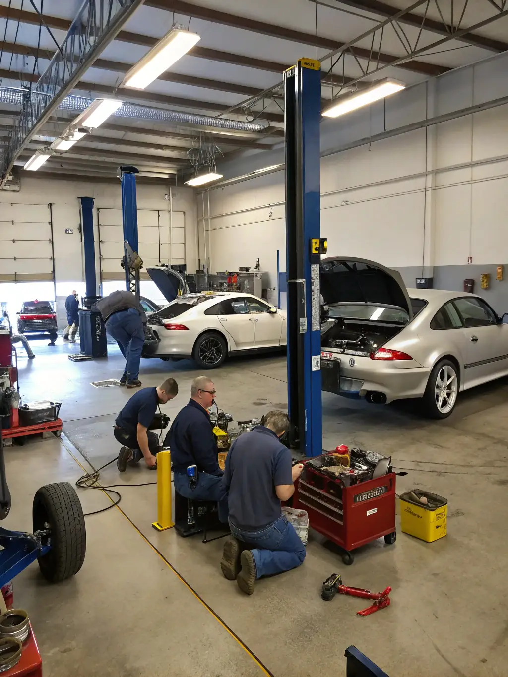 A candid shot of Shifters club members helping each other work on their cars in a garage, demonstrating the collaborative and supportive nature of the club.