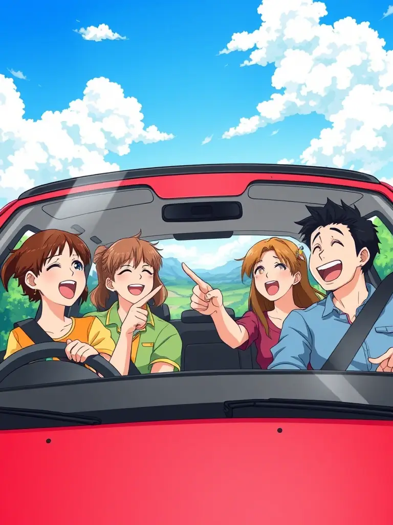 A diverse group of Shifters club members participating in a club-organized road trip, driving their hot rods through scenic routes, emphasizing the fun and adventure of club runs.